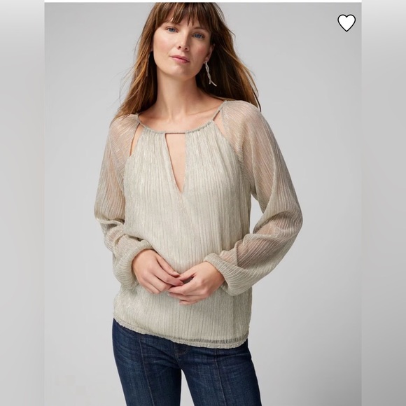 💛NWT White House Black Market Long Sleeve Silver/Gold Lurex On Ecru Crinkle Top - Picture 6 of 6